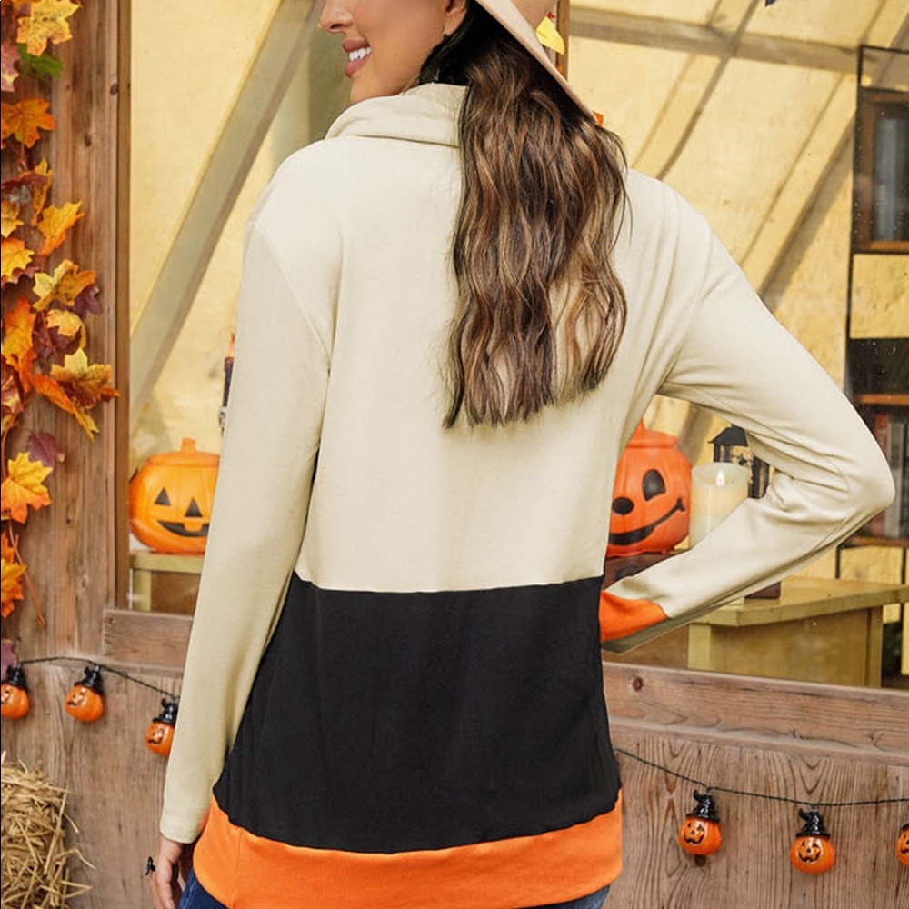 Halloween Print Color Block Drawstring Sweatshirt - Picture 4 of 14